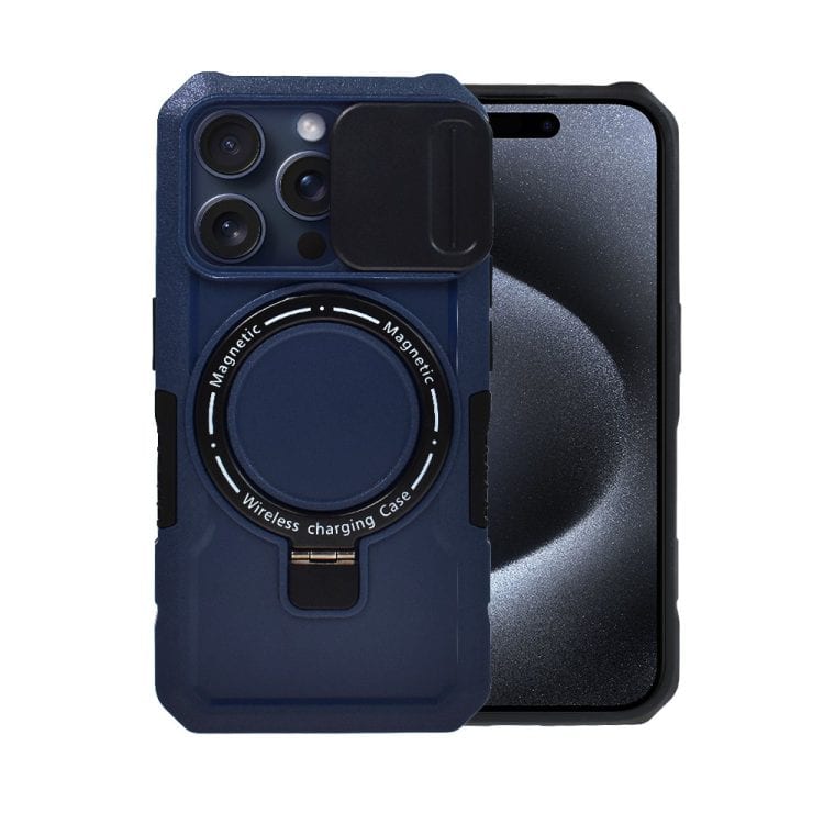 etui do iphone 15 pro magsafe slide camera stand pancerne, osłona kamery z podstawką, granatowe