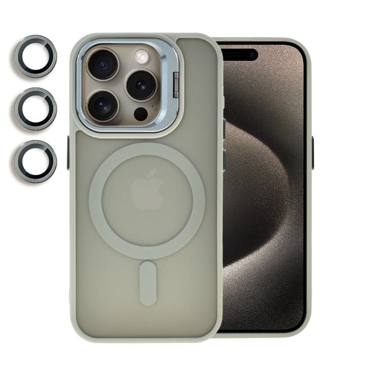 etui do iphone 15 pro max 3w1 arctic stand, półprzeżroczyste, z osłoną aparatu i podstawką, tytanowe