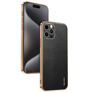 etui do iphone 15 pro max eleganckie luksusowe skórzane, z osłoną kamery, czarne ze złotem