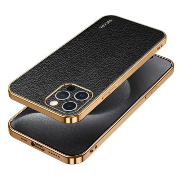 etui do iphone 15 pro max eleganckie luksusowe skórzane, z osłoną kamery, czarne ze złotem