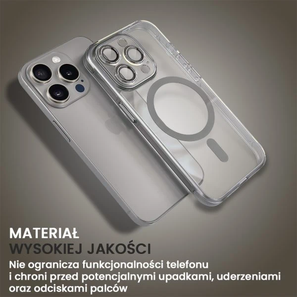 etui do iphone 15 pro cienkie, wzmocnione, z ochroną anti shock oraz głośników, naturalny tytan