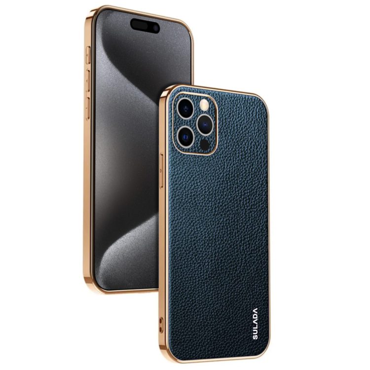 etui do iphone 15 pro eleganckie luksusowe skórzane, z osłoną kamery, niebieskie ze złotem