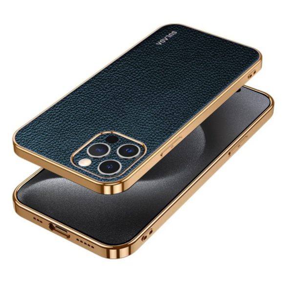 etui do iphone 15 pro eleganckie luksusowe skórzane, z osłoną kamery, niebieskie ze złotem