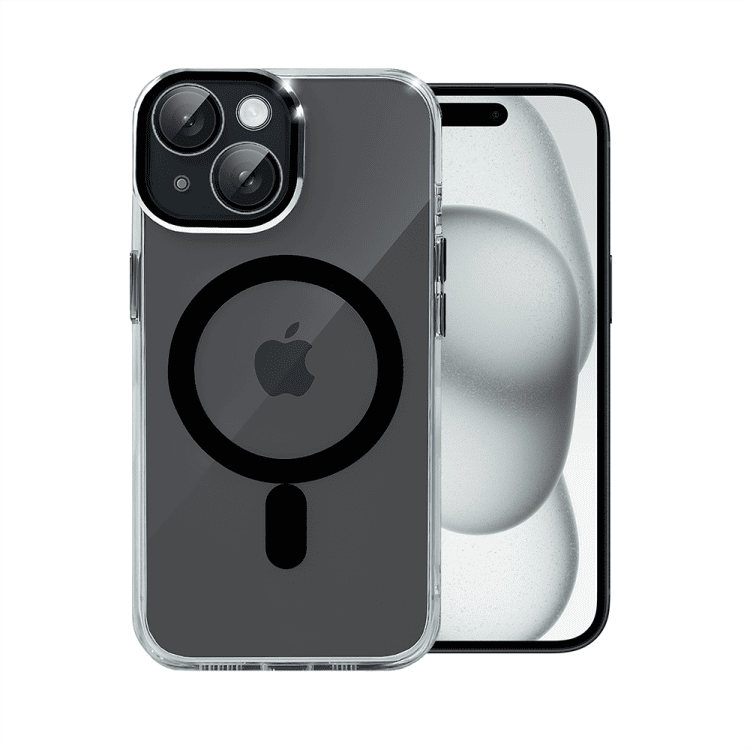 etui do iphone 15 simple elegance z magsafe, twardy przeźroczysty tył, hybrydowa ochrona kamery, czarne