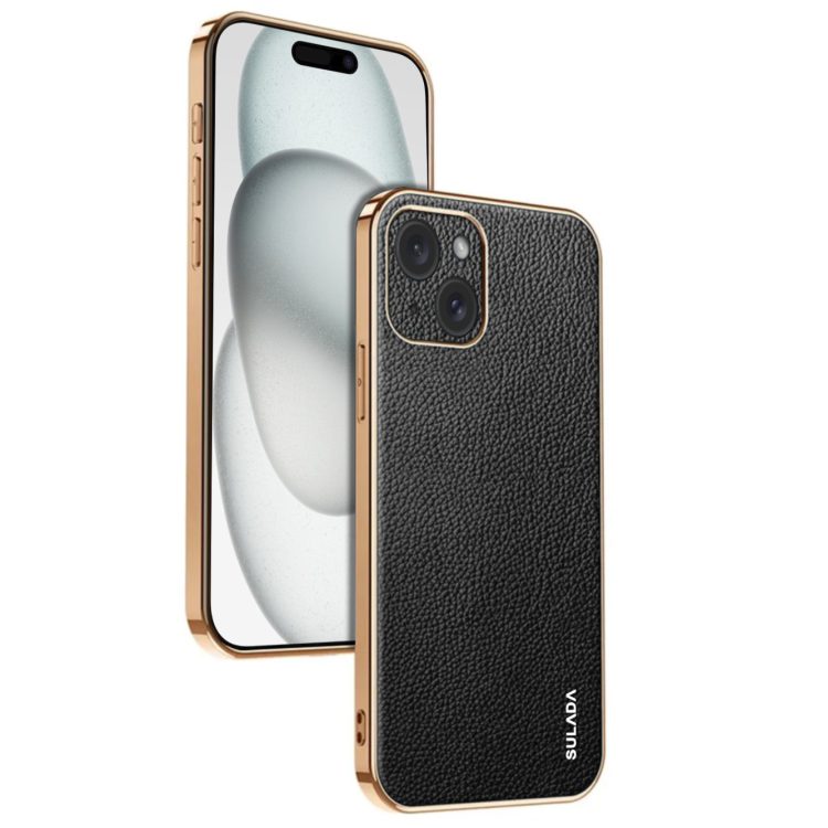 etui do iphone 15 eleganckie luksusowe skórzane, z osłoną kamery, czarne ze złotem