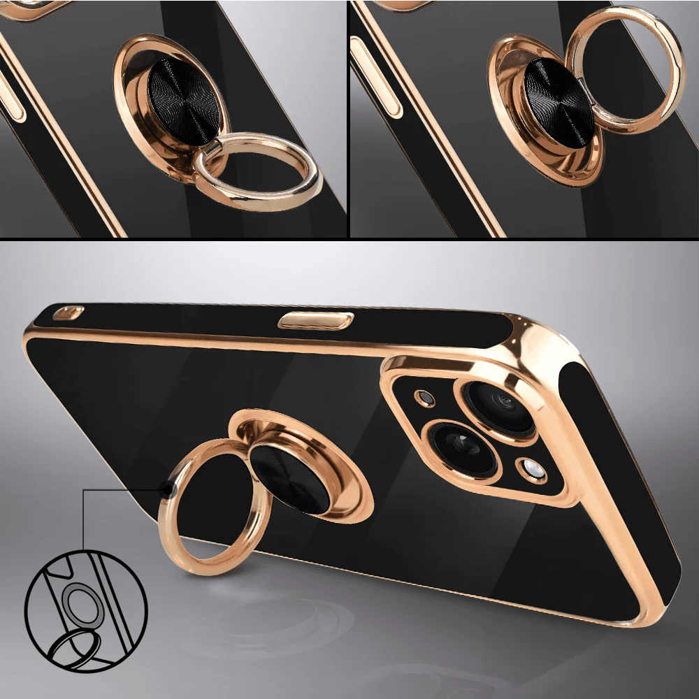 Etui do iPhone 15 eleganckie, ze złotym, metalowym uchwytem i zdobieniami, osłona na aparat, czarne, nowe (1)