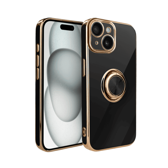 Etui do iPhone 15 eleganckie, ze złotym, metalowym uchwytem i zdobieniami, osłona na aparat, czarne, nowe (2)