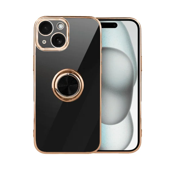 Etui do iPhone 15 eleganckie, ze złotym, metalowym uchwytem i zdobieniami, osłona na aparat, czarne, nowe (3)