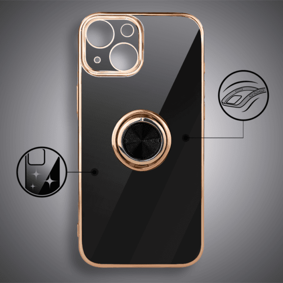Etui do iPhone 15 eleganckie, ze złotym, metalowym uchwytem i zdobieniami, osłona na aparat, czarne, nowe (4)