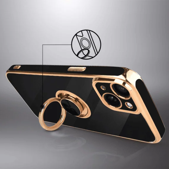Etui do iPhone 15 eleganckie, ze złotym, metalowym uchwytem i zdobieniami, osłona na aparat, czarne, nowe (5)