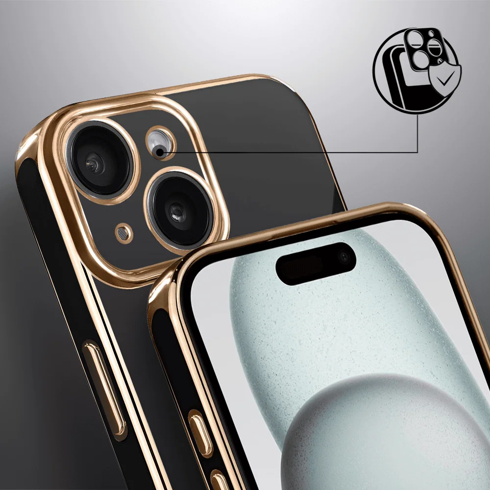 Etui do iPhone 15 eleganckie, ze złotym, metalowym uchwytem i zdobieniami, osłona na aparat, czarne, nowe (6)