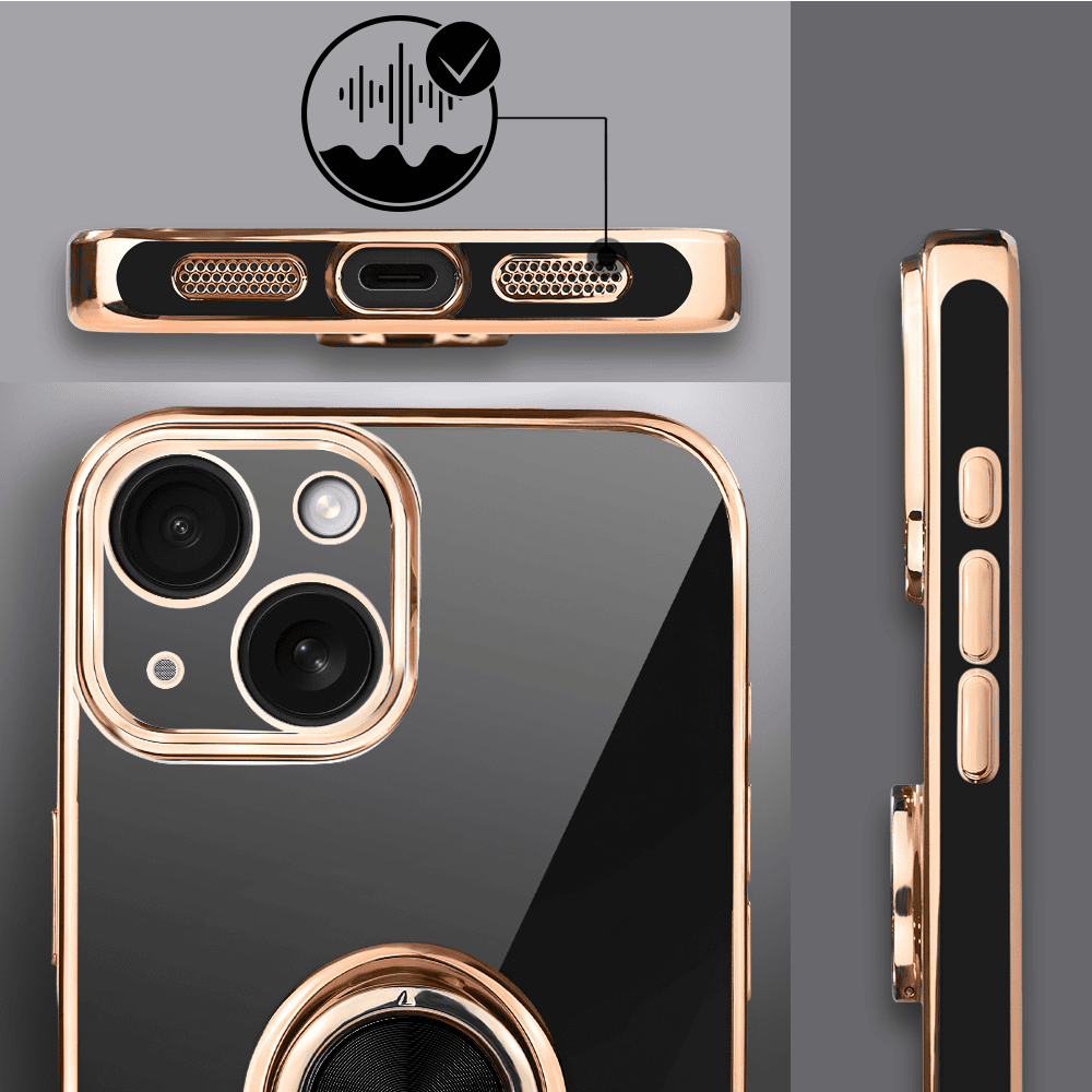 Etui do iPhone 15 eleganckie, ze złotym, metalowym uchwytem i zdobieniami, osłona na aparat, czarne, nowe (8)
