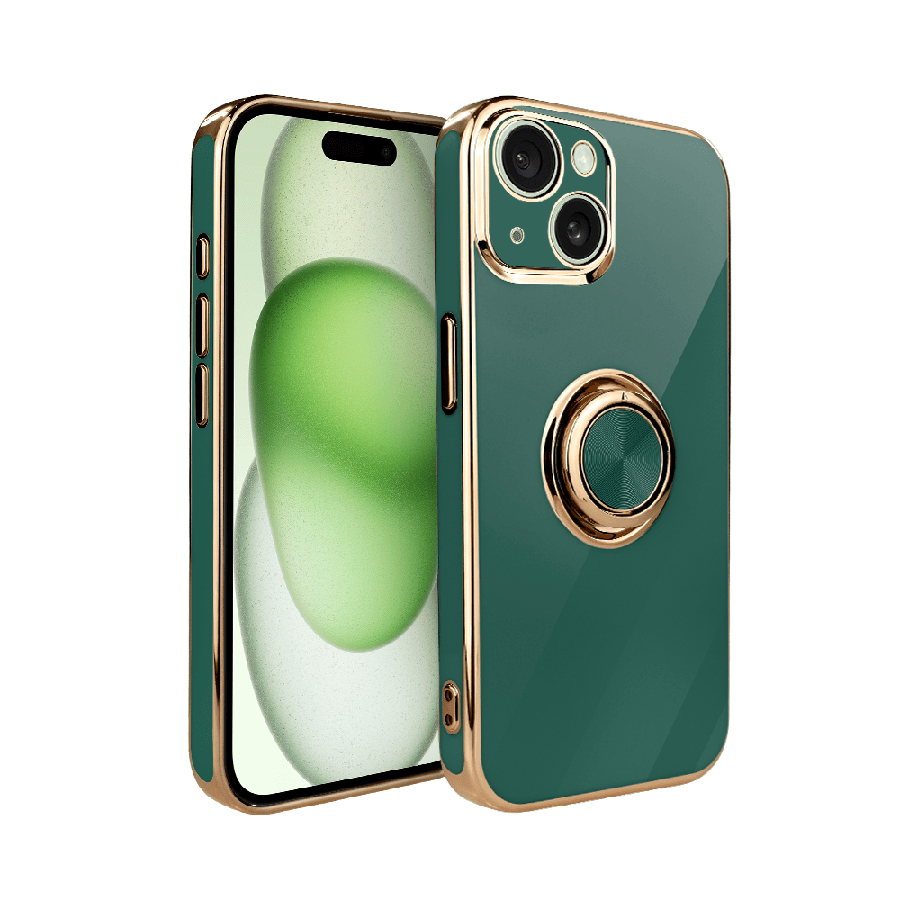 Etui do iPhone 15 eleganckie, ze złotym, metalowym uchwytem i zdobieniami, osłona na aparat, zielone1