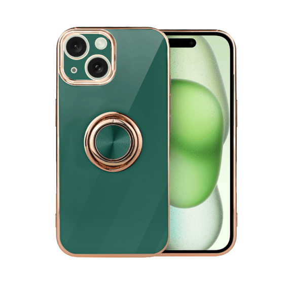 Etui do iPhone 15 eleganckie, ze złotym, metalowym uchwytem i zdobieniami, osłona na aparat, zielone2