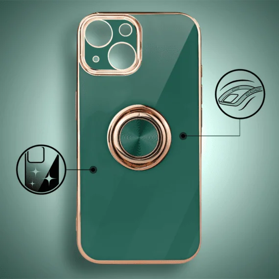 Etui do iPhone 15 eleganckie, ze złotym, metalowym uchwytem i zdobieniami, osłona na aparat, zielone3