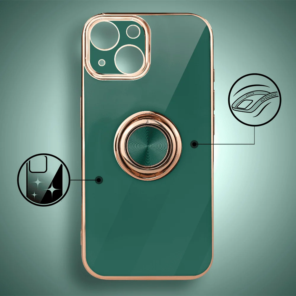 Etui do iPhone 15 eleganckie, ze złotym, metalowym uchwytem i zdobieniami, osłona na aparat, zielone3