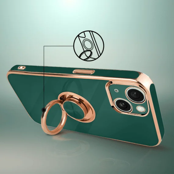 Etui do iPhone 15 eleganckie, ze złotym, metalowym uchwytem i zdobieniami, osłona na aparat, zielone4