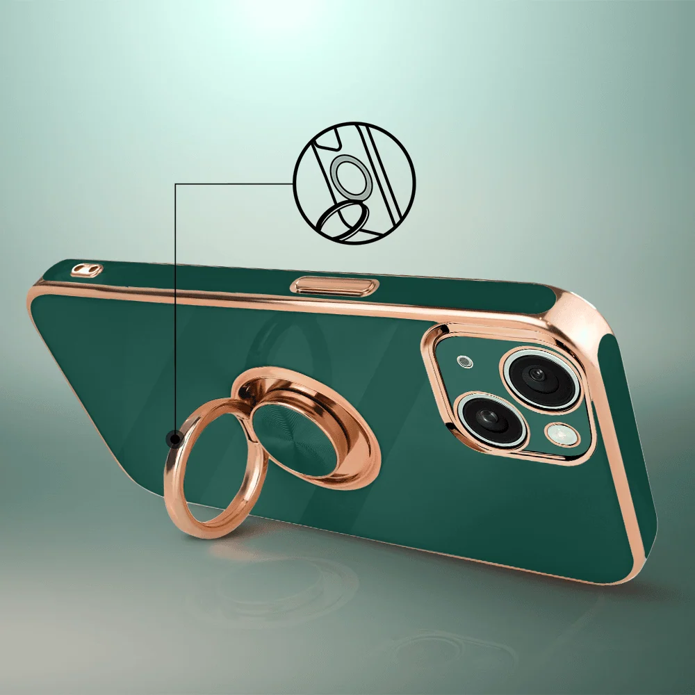 Etui do iPhone 15 eleganckie, ze złotym, metalowym uchwytem i zdobieniami, osłona na aparat, zielone4