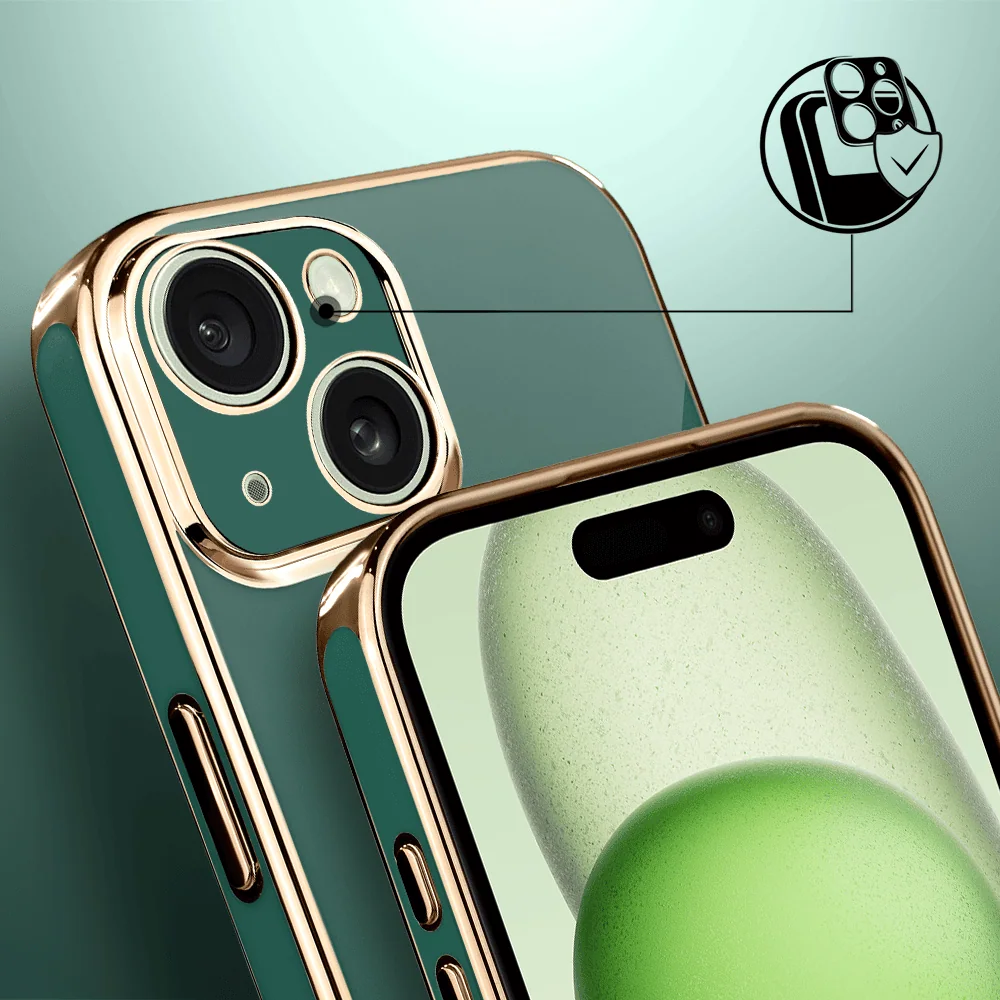 Etui do iPhone 15 eleganckie, ze złotym, metalowym uchwytem i zdobieniami, osłona na aparat, zielone5