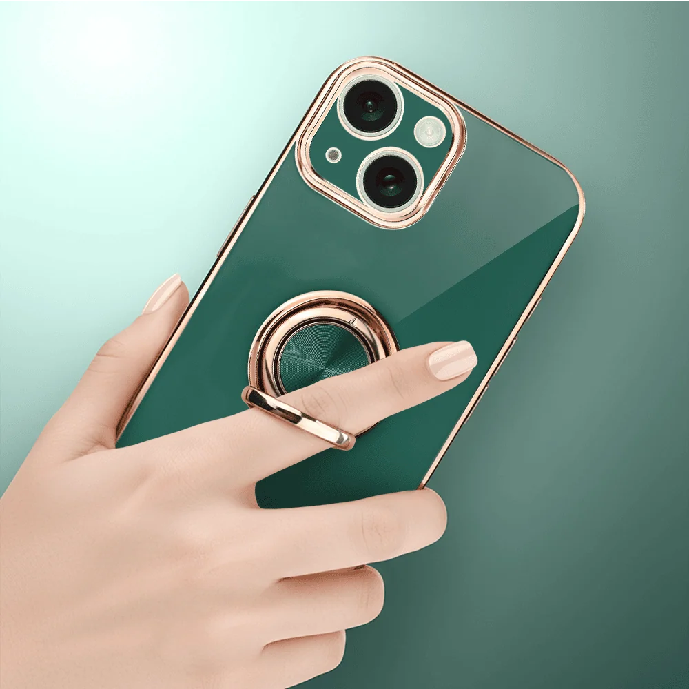 Etui do iPhone 15 eleganckie, ze złotym, metalowym uchwytem i zdobieniami, osłona na aparat, zielone6