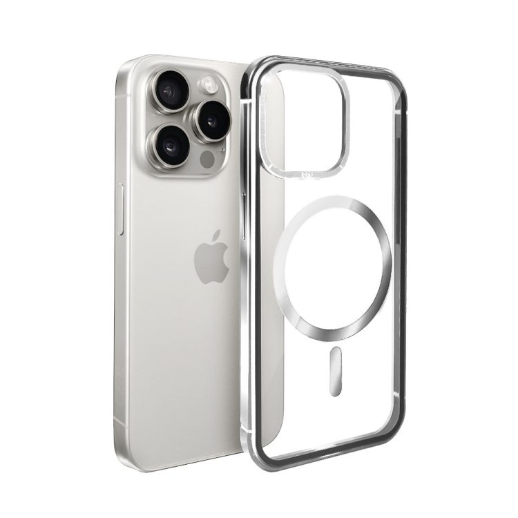 etui do iphone 15 pro, ibizu elite skin cam ring, krystalicznie czyste z metalową ramką, srebrne z magsafe