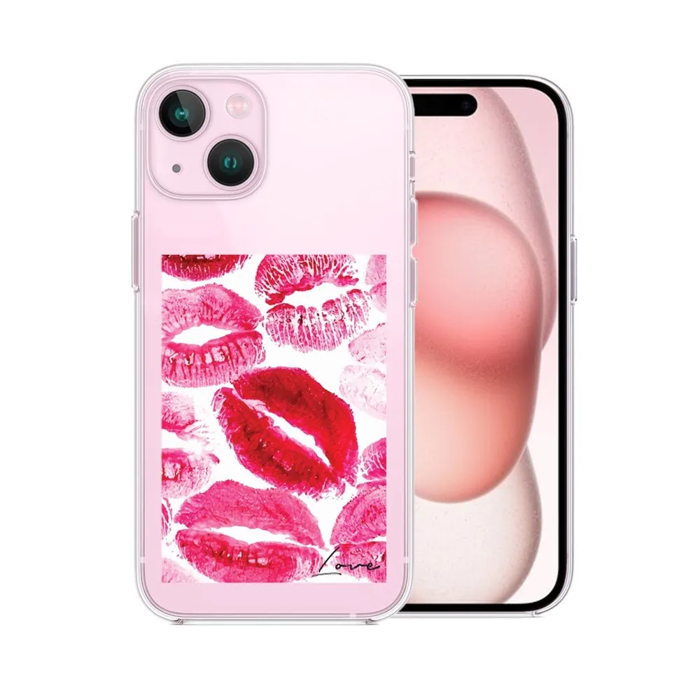 Etui do iPhone 15, przeźroczyste, pocałunki z napisem “love”