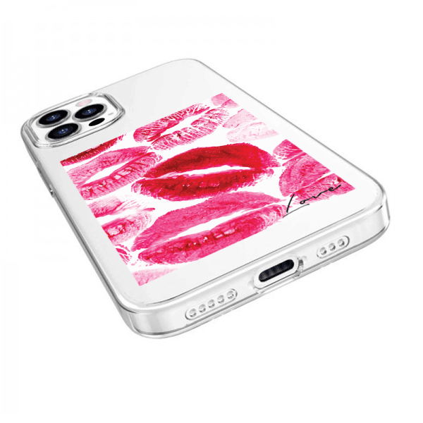 etui do iphone 12 pro, przeźroczyste, pocałunki z napisem "love"