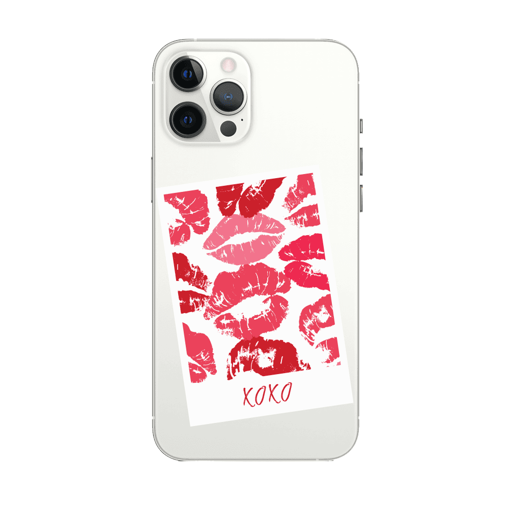 etui do iphone 12 pro, przeźroczyste, polaroid z pocałunkami i napisem "xoxo"
