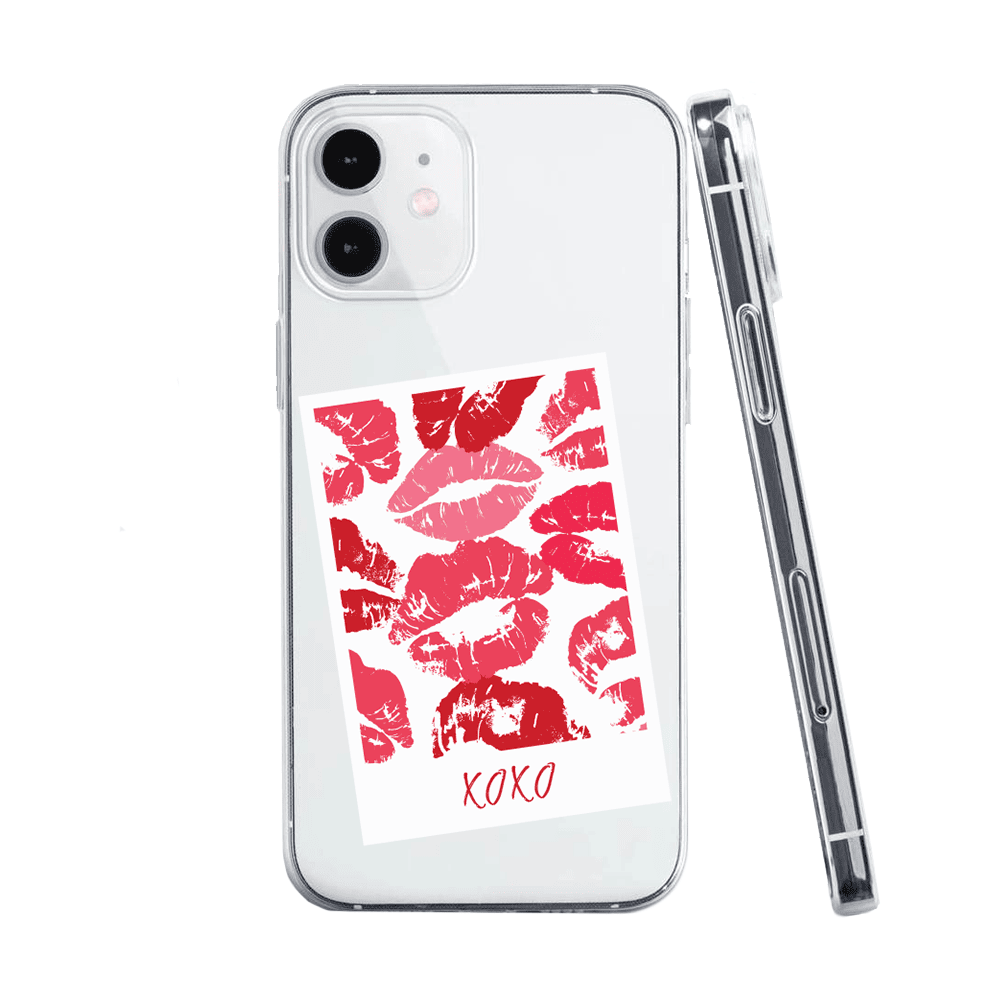 etui do iphone 12, przeźroczyste, polaroid z pocałunkami i napisem "xoxo"