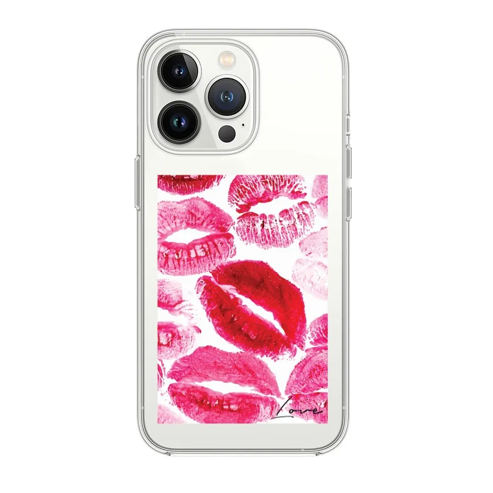 Etui do iPhone 13 Pro, przeźroczyste, pocałunki z napisem “love”