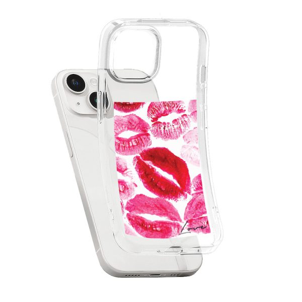 etui do iphone 13 mini, przeźroczyste, pocałunki z napisem "love"