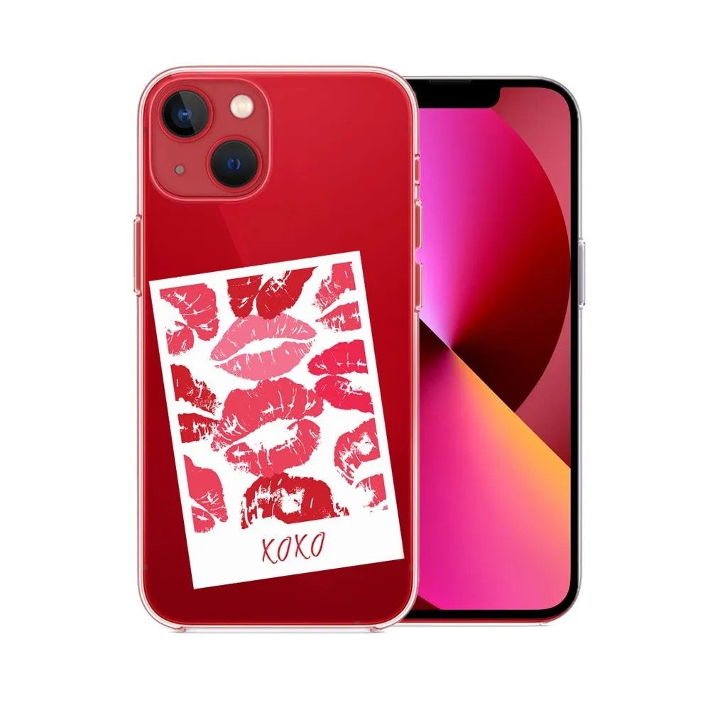 Etui do iPhone 13 Mini, przeźroczyste, polaroid z pocałunkami i napisem “xoxo”