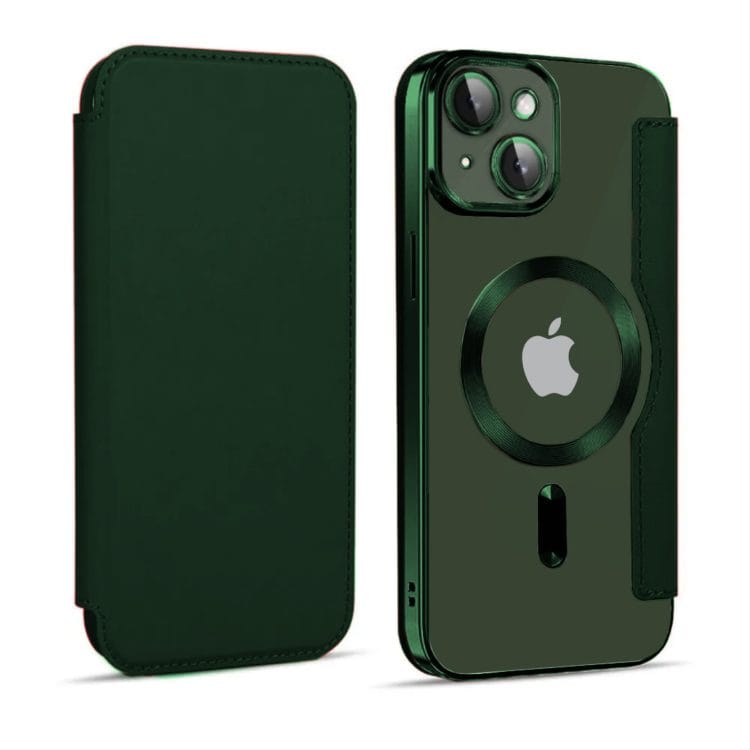 etui iphone 13 typu książka book magsafe lens protect, z klapką, zielone