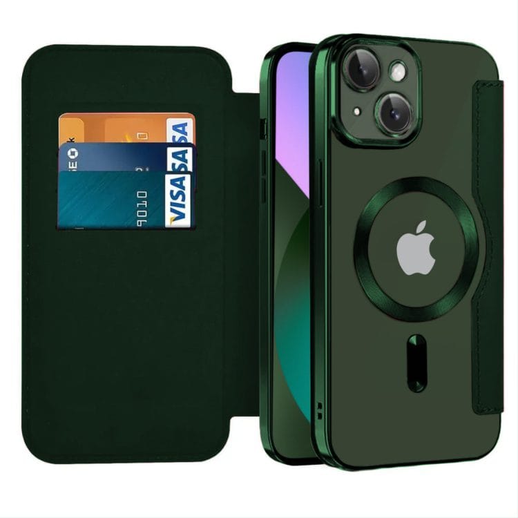 etui iphone 13 typu książka book magsafe lens protect, z klapką, zielone