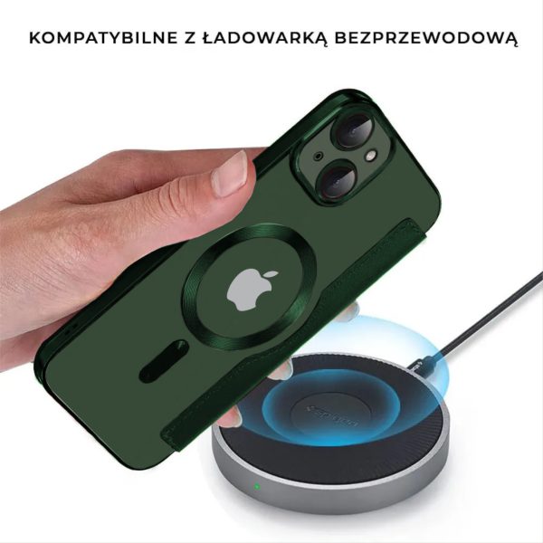 etui iphone 13 typu książka book magsafe lens protect, z klapką, zielone