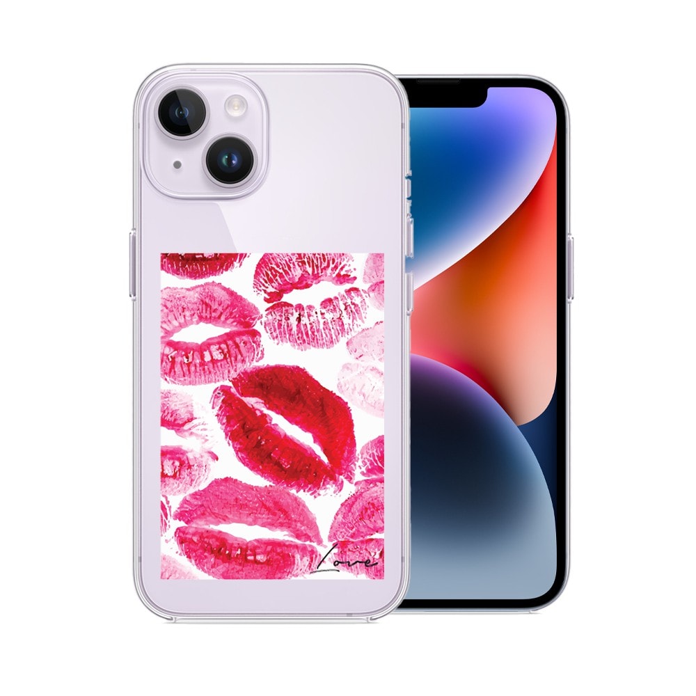 Etui do iPhone 14, przeźroczyste, pocałunki z napisem “love”