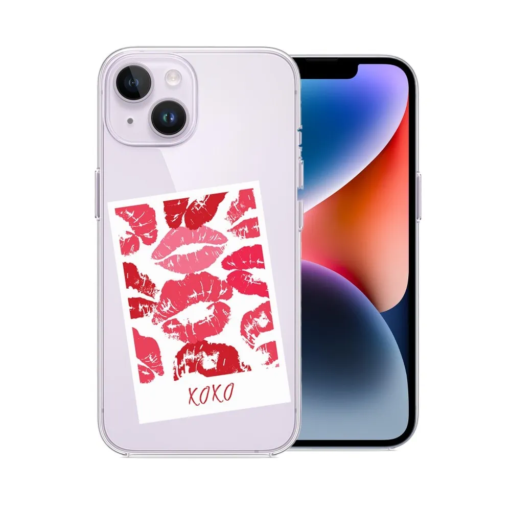 Etui do iPhone 14 Plus, przeźroczyste, polaroid z pocałunkami i napisem “xoxo”