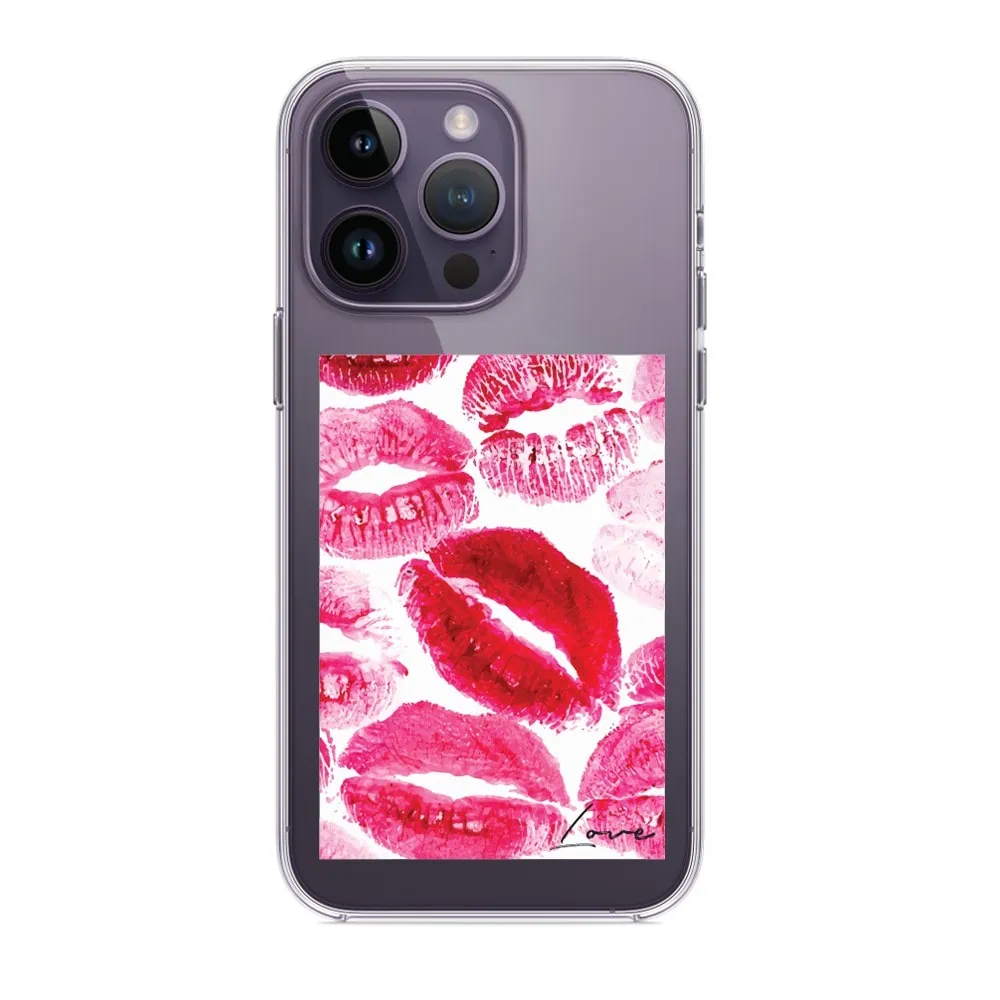 etui do iphone 14 pro, przeźroczyste, pocałunki z napisem "love"