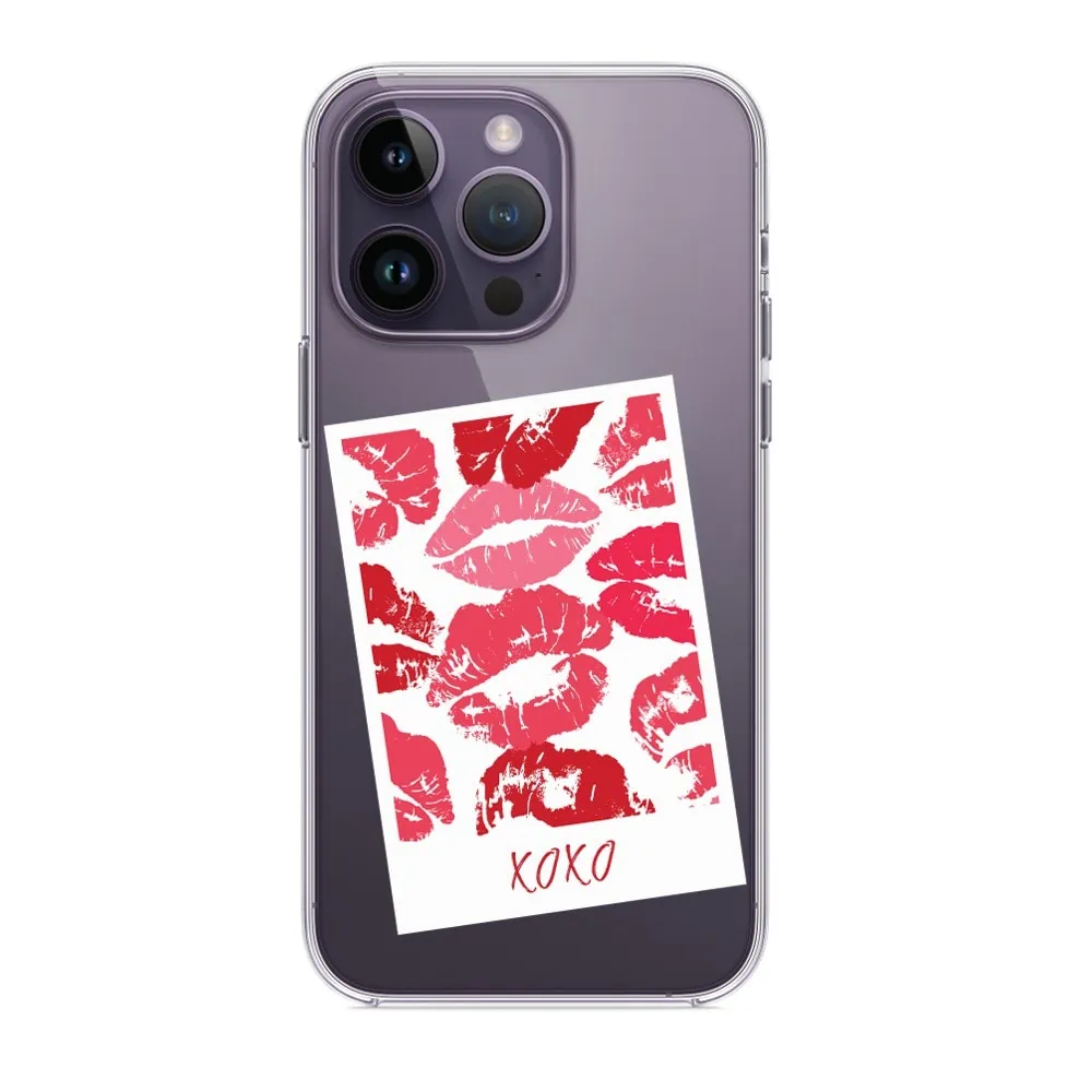 etui do iphone 14 pro, przeźroczyste, polaroid z pocałunkami i napisem "xoxo"