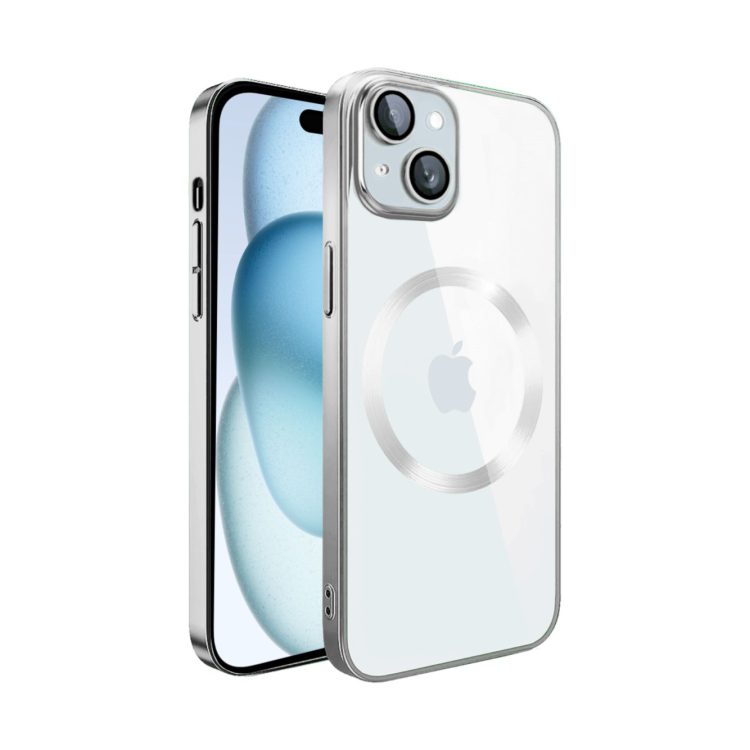 etui iphone 15 plus slim protect full cover magsafe hard back, twardy tył, przeźroczyste, srebrne
