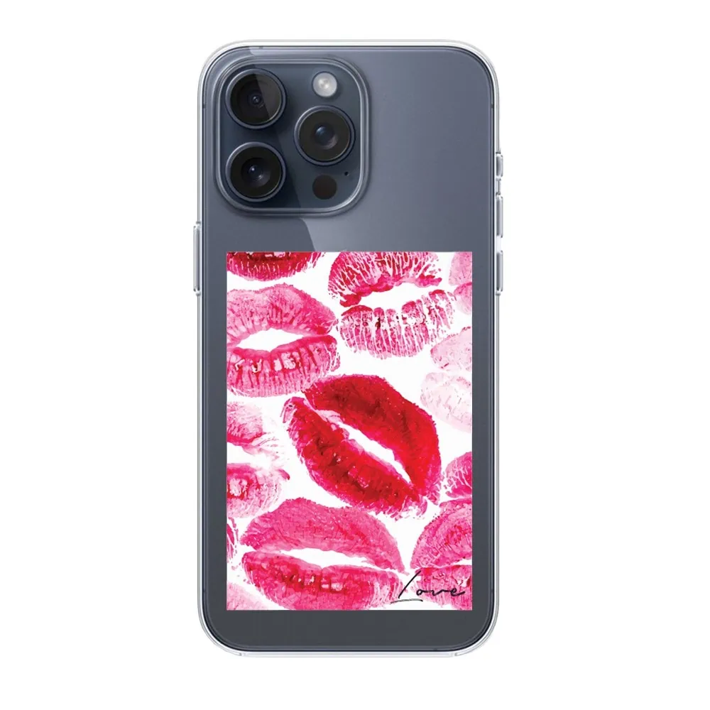etui do iphone 15 pro, przeźroczyste, pocałunki z napisem "love"