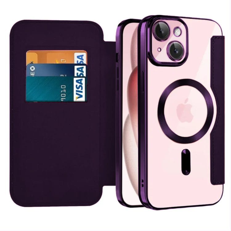 etui do iphone 15 plus typu książka book magsafe lens protect, z klapką, głęboka purpura