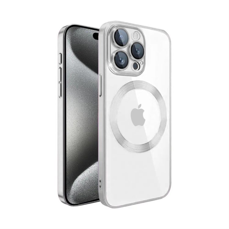 etui iphone 15 pro slim protect full cover magsafe hard back, twardy tył, przeźroczyste, srebrne