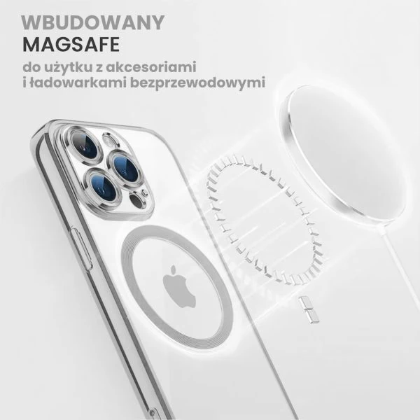 etui iphone 15 pro slim protect full cover magsafe hard back, twardy tył, przeźroczyste, srebrne