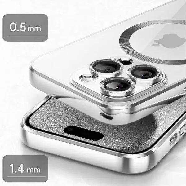 etui iphone 15 pro slim protect full cover magsafe hard back, twardy tył, przeźroczyste, srebrne