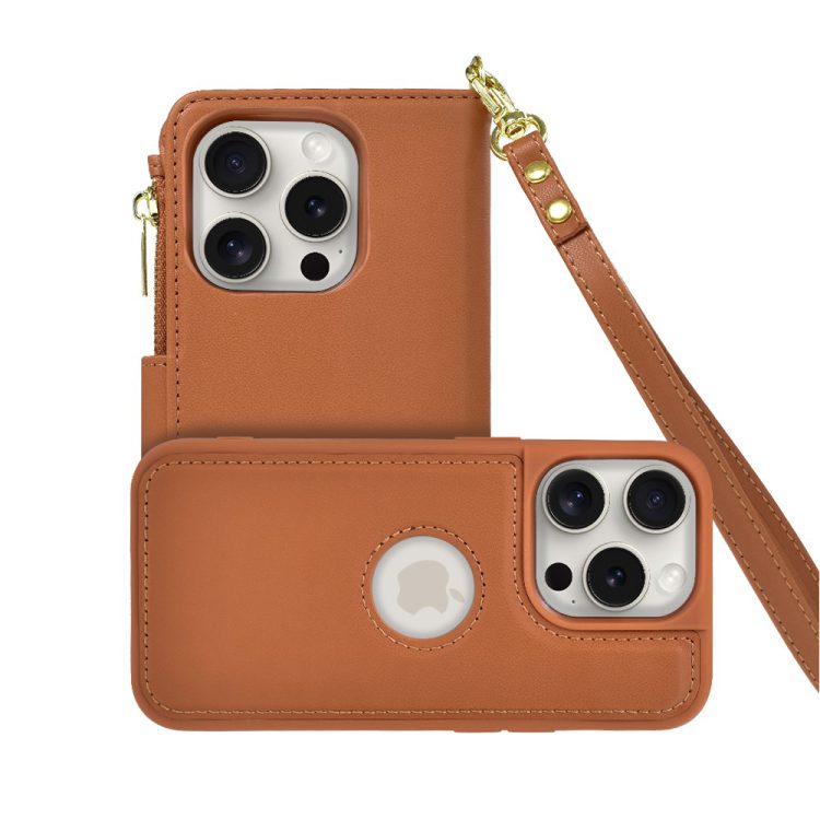 etui do iphone 15 pro 2w1 magsafe double wallet, zestaw etui oraz kabura ze smyczą, brązowe