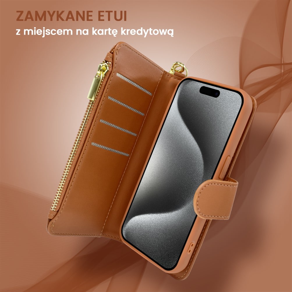 etui do iphone 15 pro 2w1 magsafe double wallet, zestaw etui oraz kabura ze smyczą, brązowe