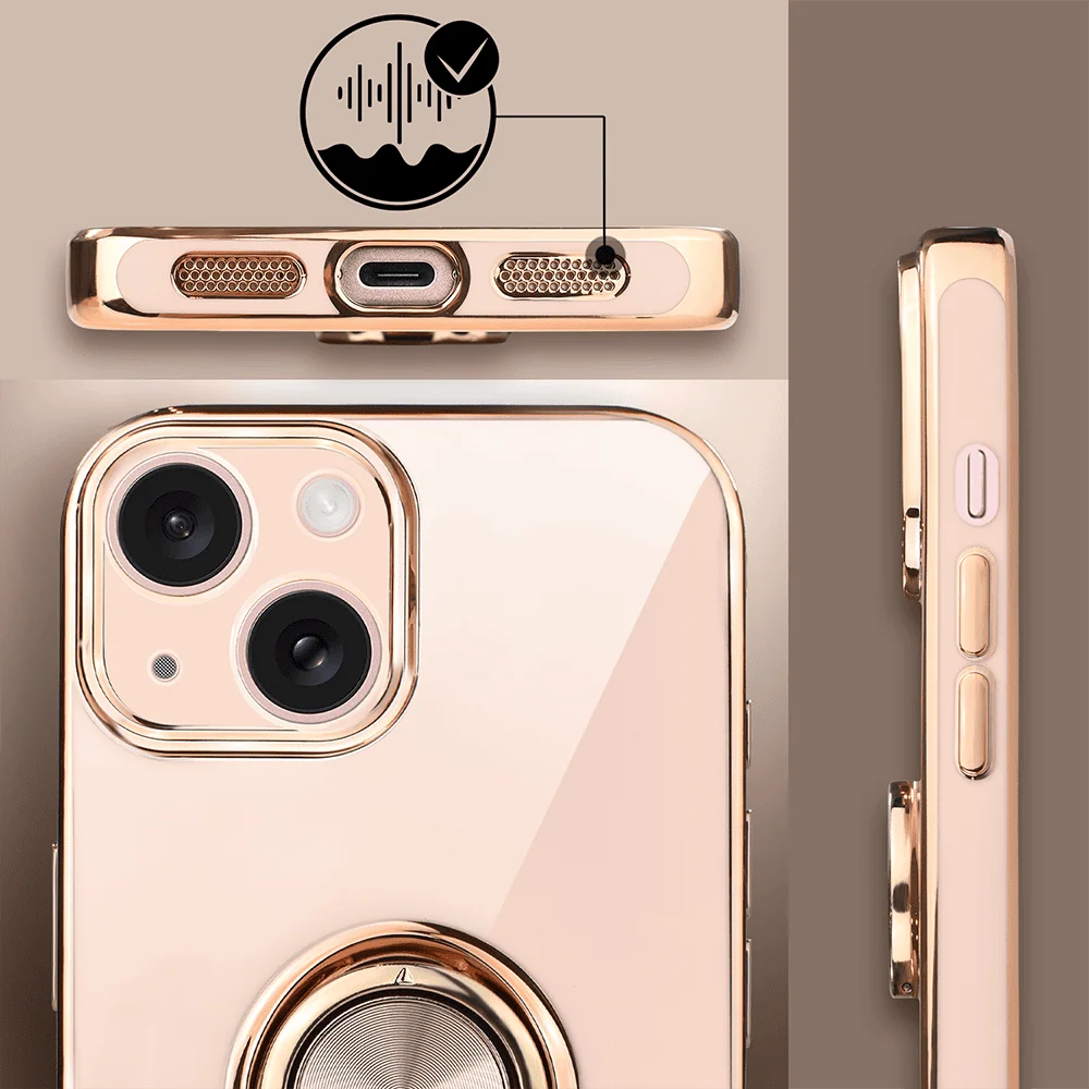 iPhone 15 eleganckie, ze złotym, metalowym uchwytem i zdobieniami, złoty róż, nowe (10)