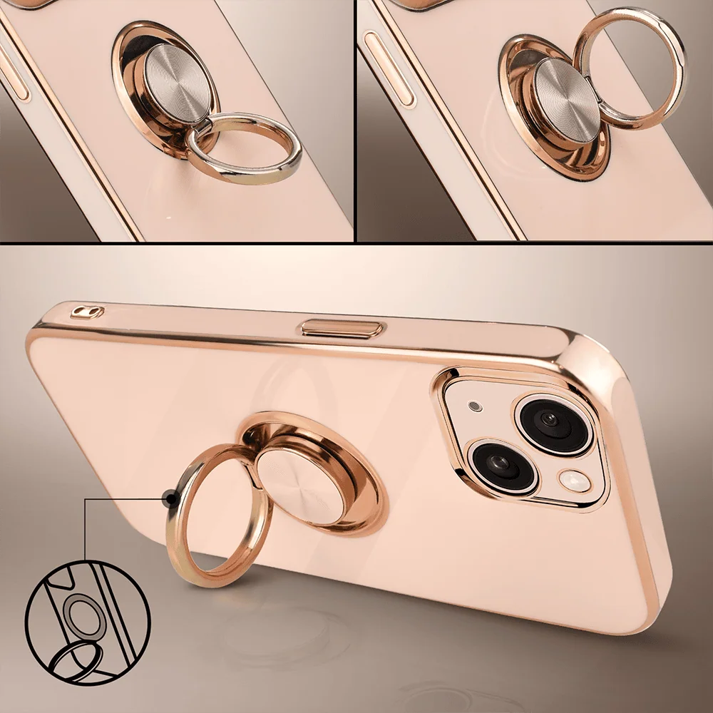 iPhone 15 eleganckie, ze złotym, metalowym uchwytem i zdobieniami, złoty róż, nowe (3)