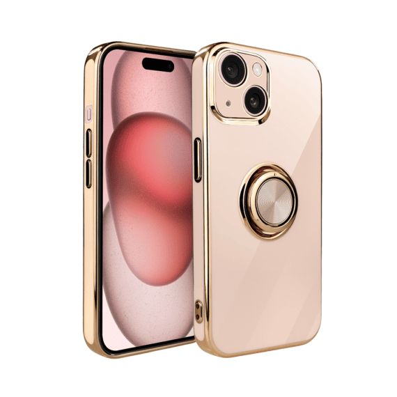 iPhone 15 eleganckie, ze złotym, metalowym uchwytem i zdobieniami, złoty róż, nowe (4)